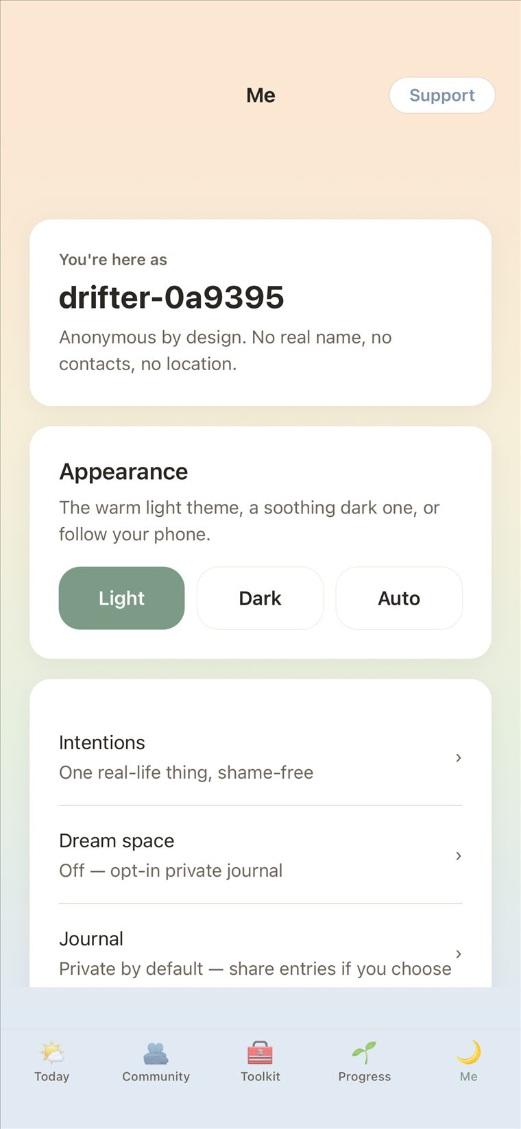 Driftless Me screen — an anonymous handle, no real name, no contacts, no location