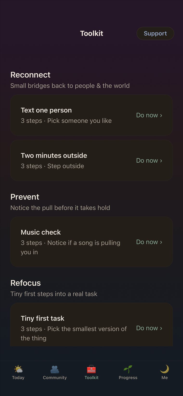 Toolkit screen, dark mode