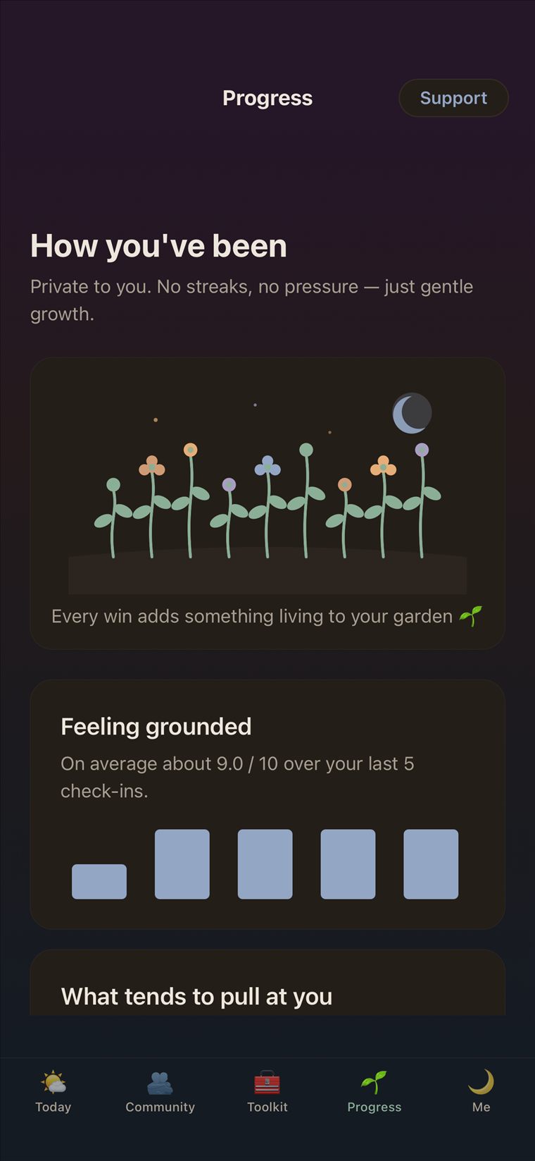 Progress screen, dark mode